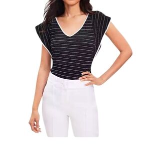 LOFT Womens Flutter Sleeve V-neck Black And White Size L